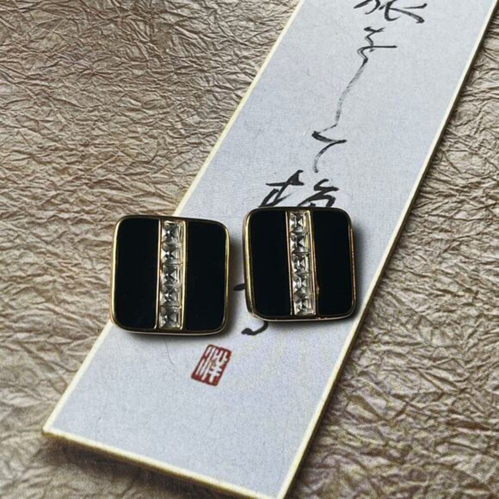Vintage S.A.L Swarovski Art Deco Black and Gold CZ Square Clip-on Earrings